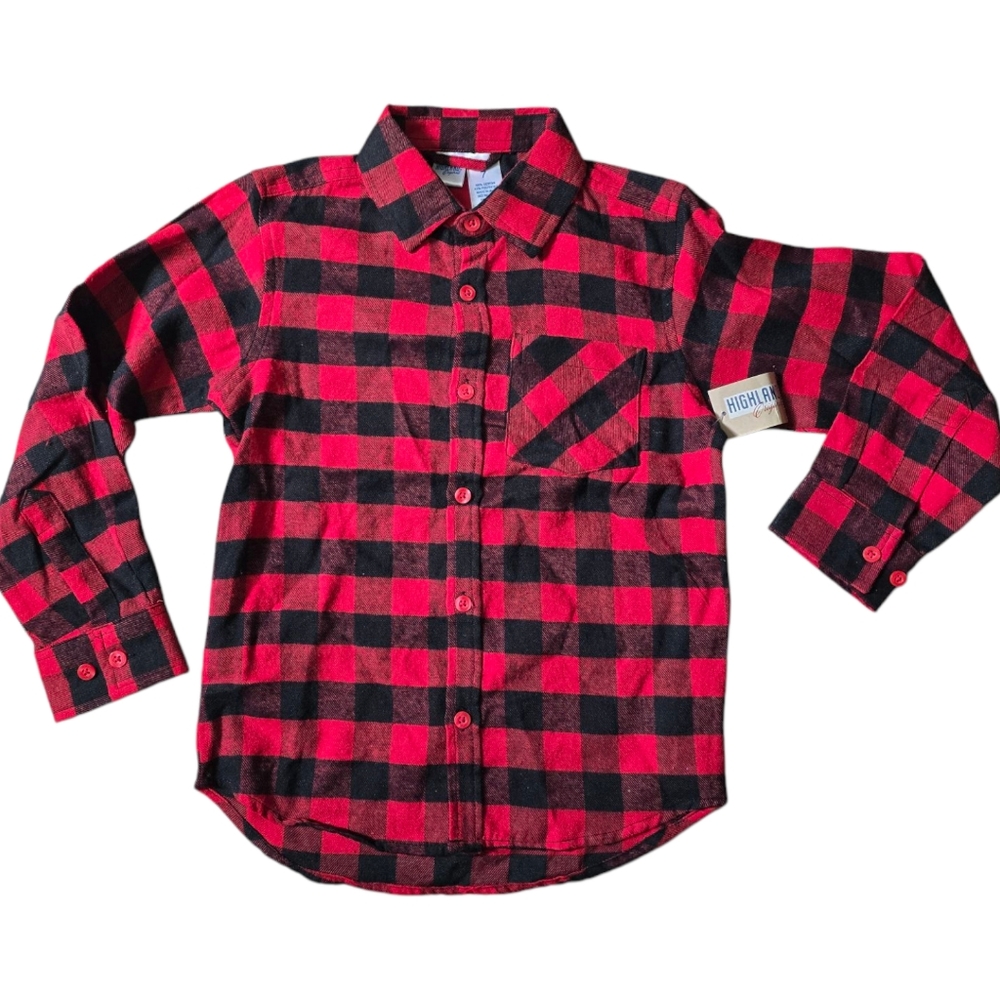 NWT Plaid Flannel Shirt Boys Size 7 Red Black Collared Long Sleeve Button Up